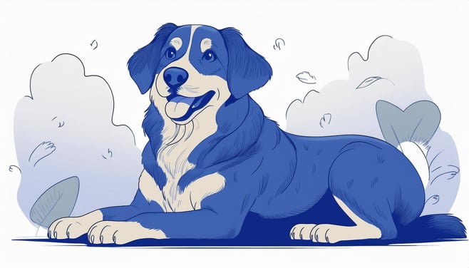 Firefly Ilustração, segundo a referência, de um cão idoso feliz. Use tons de azul. 53012