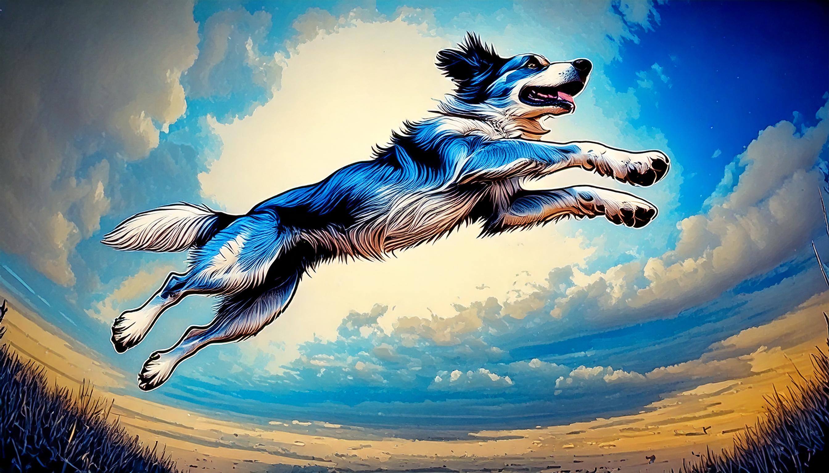 Firefly a dog running and jumping seen from above in tones of blue 63413