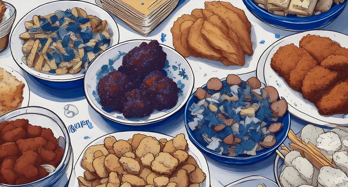 Firefly burgues, cookies, nuggets, fries, butter and fried food on the table 53012