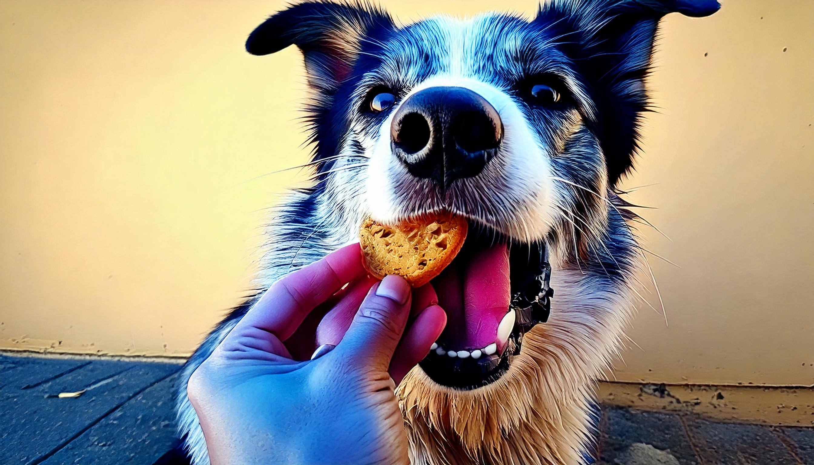 Firefly dog eating a snack on a white background 91597