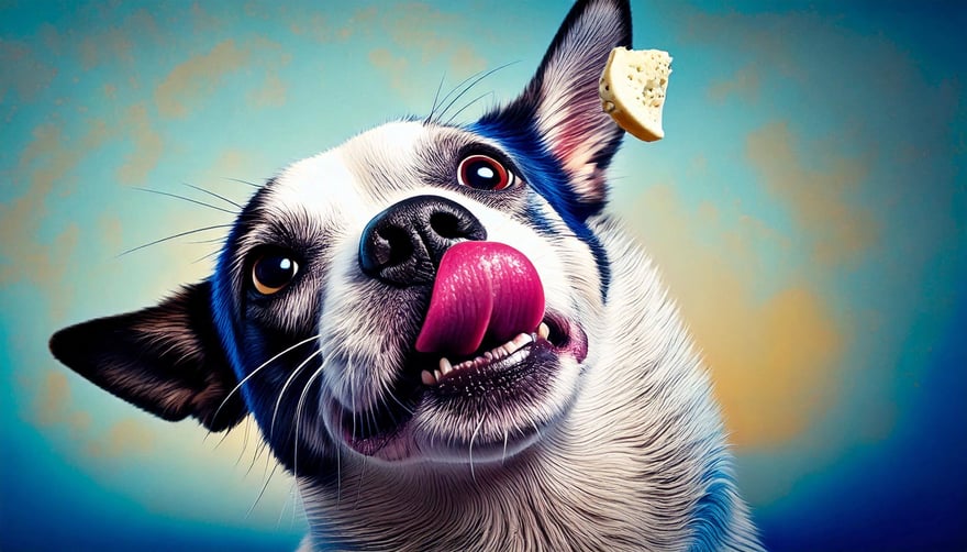 Firefly dog with the tongue out getting a snack in the air in a blue background 49713