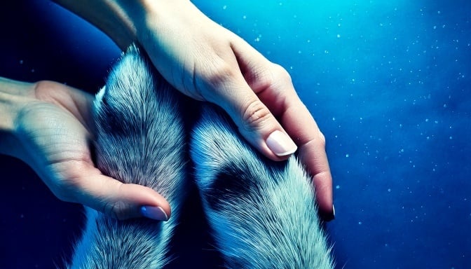 Firefly hands holding two paws of a dog seen from above 135