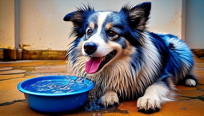 Firefly happy Dog spitting water from a bowl 18423