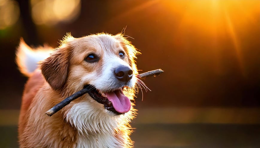 Firefly happy dog holding a stick with a flare from the sun 58048