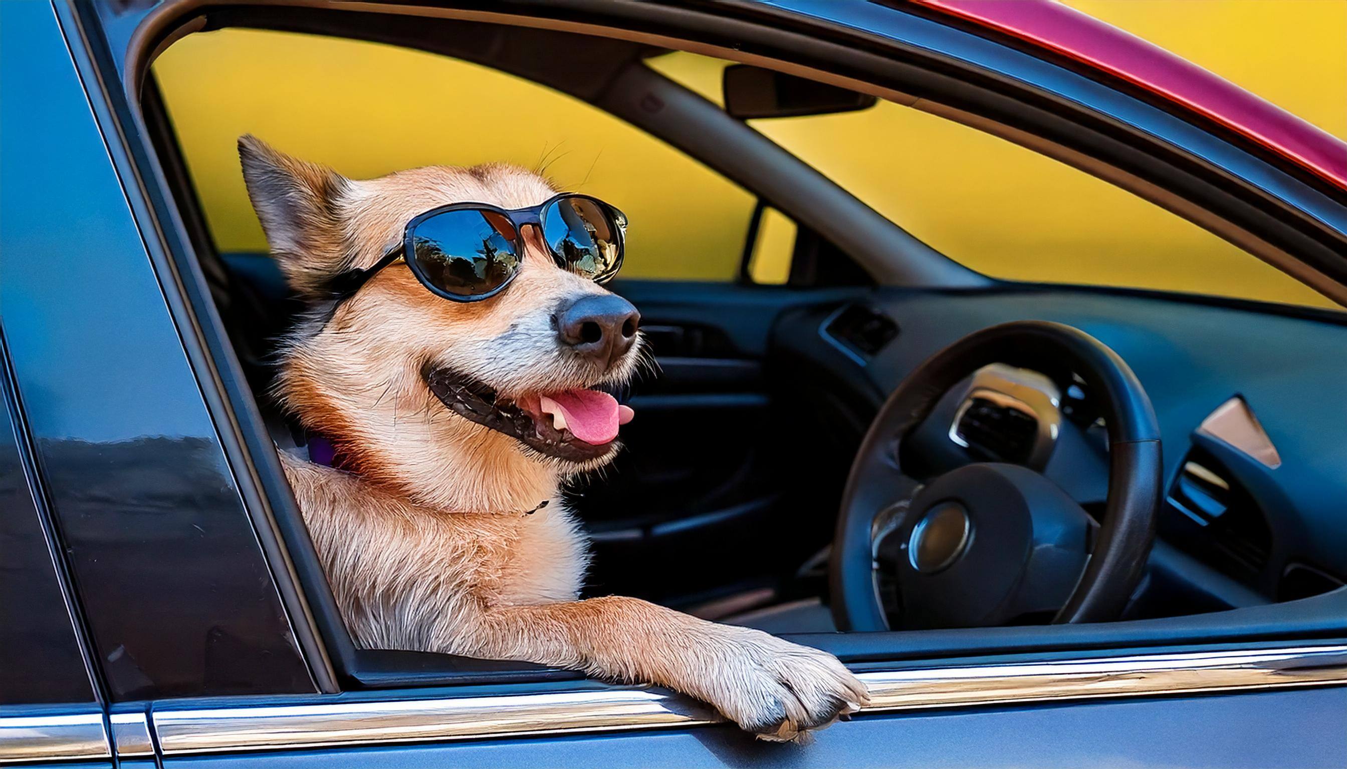Firefly happy dog wearing sunglasses in a car 41394