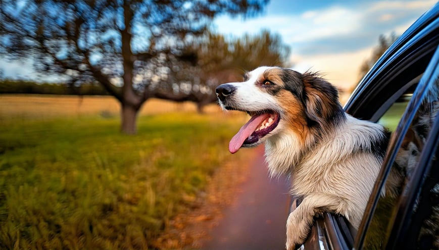 Firefly happy dog with the head out of a car window appreciating the nature 97092