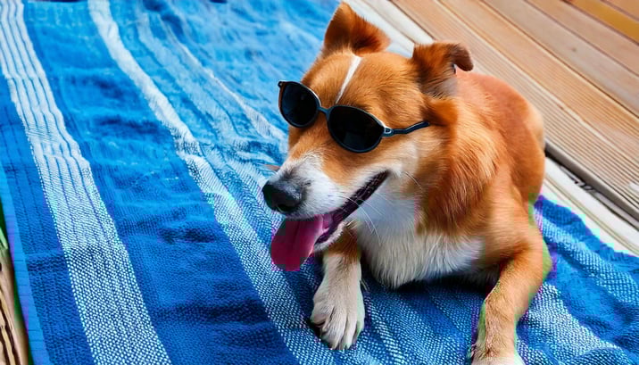 Firefly happydog with sunglasses on a blue striped towel 18294