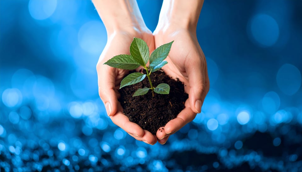 Firefly_hand holding a little plant in shades of blue 94508